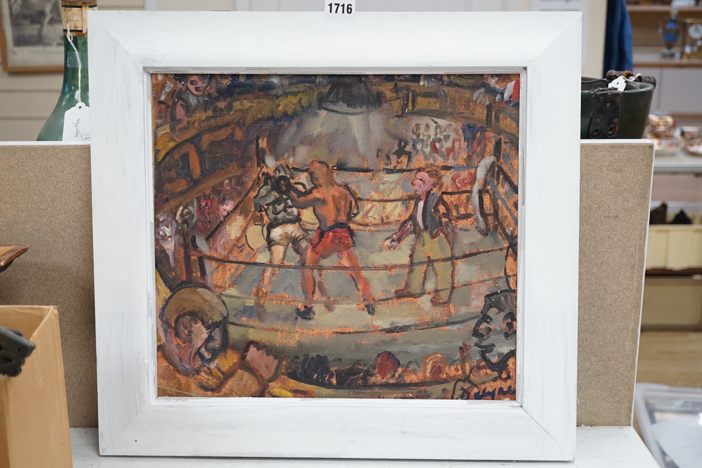 Modern British, oil on board, Boxing scene, indistinctly signed, 34 x 38cm